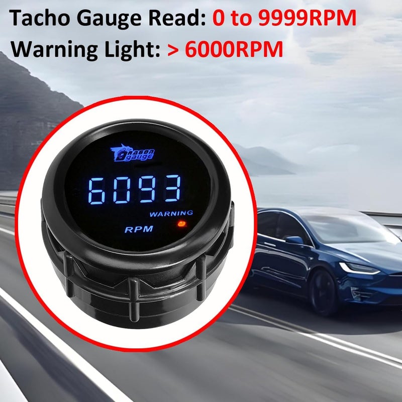 LKRXW Car Tacho Gauge 12V Auto Tachometer Gauge RPM 2" 52mm Meter Digital Speed Gauges Blue Light Instruments 0 to 9999 RPM Smoke Tint Len - Image 5